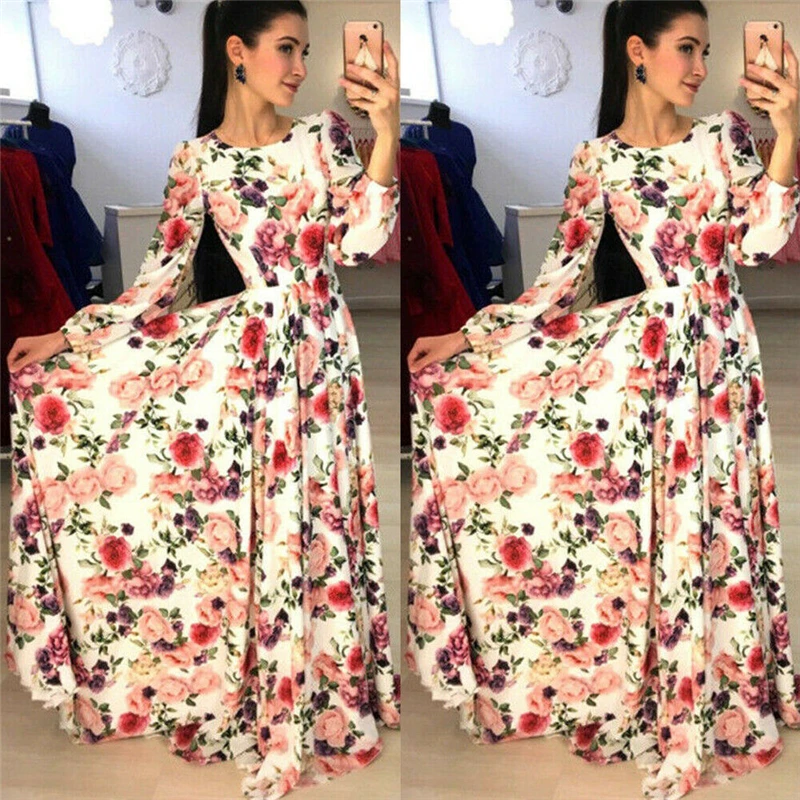 Женское платье с цветочным принтом BOHO длинное коктейльное длинным рукавом и o