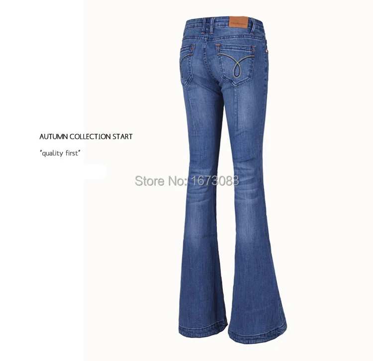 Для женщин светло-голубой цвет винтажные труба Супер Flare Джинсы Для женщин S низкая посадка стрейч широкую ногу узкие джинсы Femme