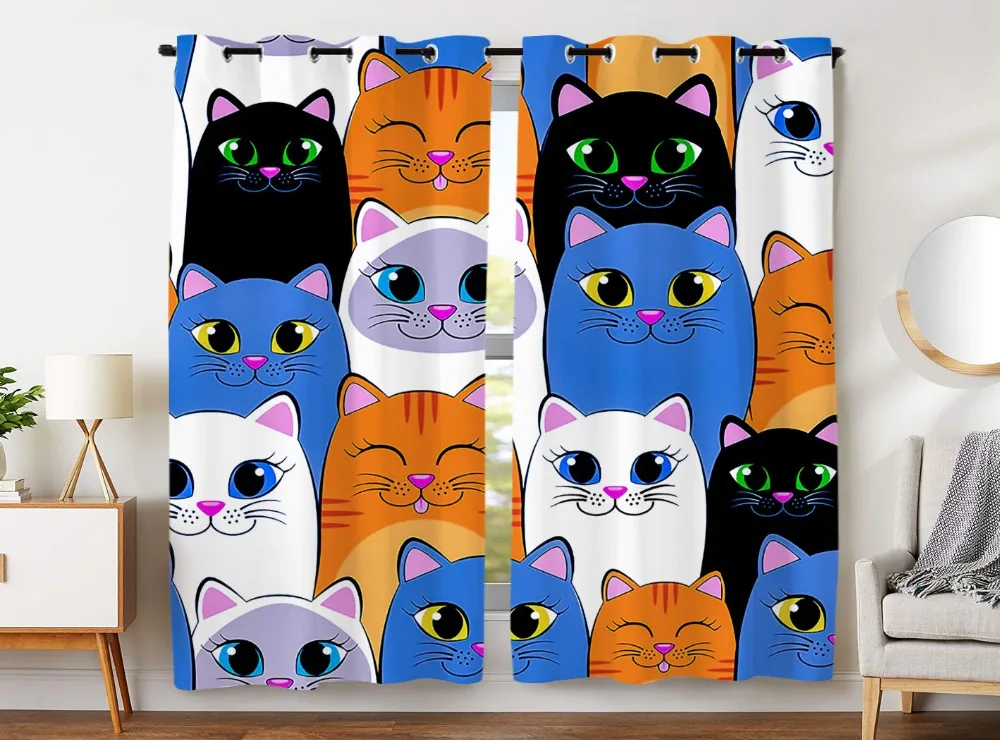 

HommomH Curtains (2 Panel) Grommet Top Darkening Blackout Room Cute Cartoon Cats Colorful