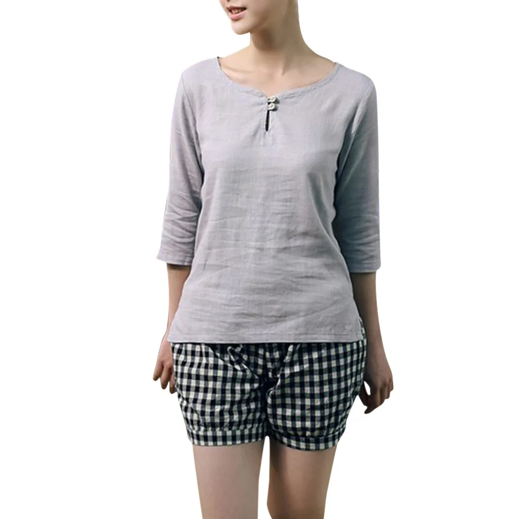 Women's shirt  2019 Women's Round Neck Cropped Sleeves Cotton And Linen Shirts Solid Color Loose