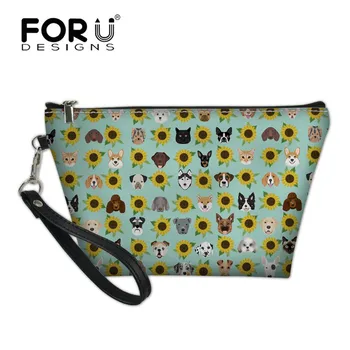 

FORUDESIGNS Cute Fashion Dogs and Cats Heads Sunflower Florals Print Cosmetic Bags Female Makeup Case Women Toiletry Small Purse