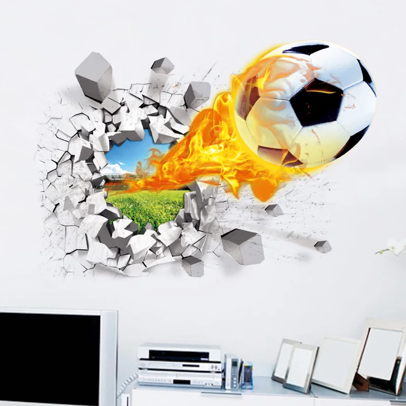 3D футбол разбитые настенные наклейки для детской комнаты, гостиной, спортивное украшение, настенные наклейки, домашний декор, наклейки, обои