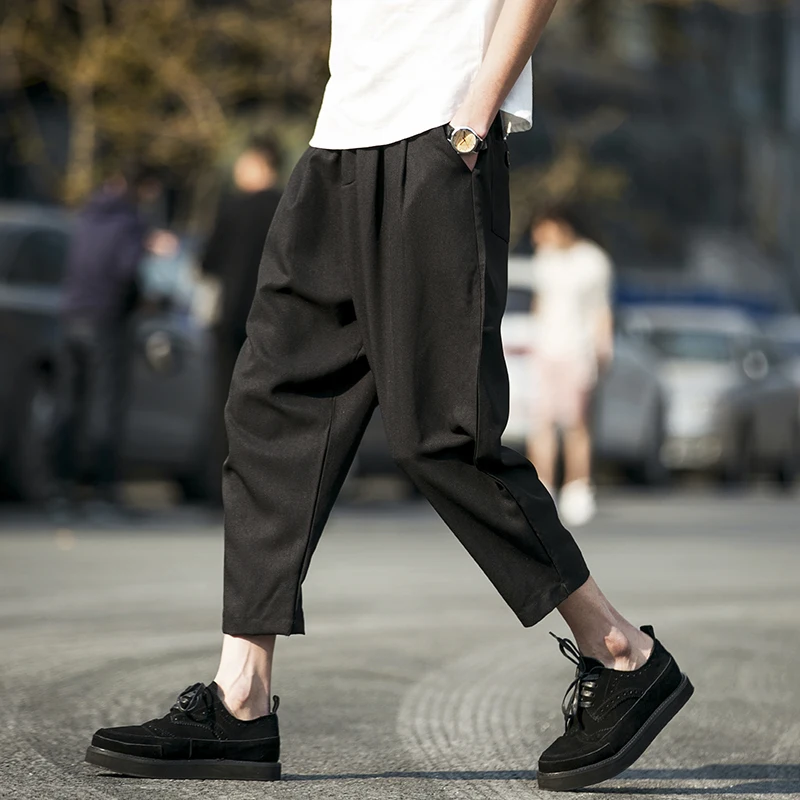 Мужские большие размеры свободные девять очков повседневные штаны шаровары широкие брюки tide мужские брюки - Цвет: Черный