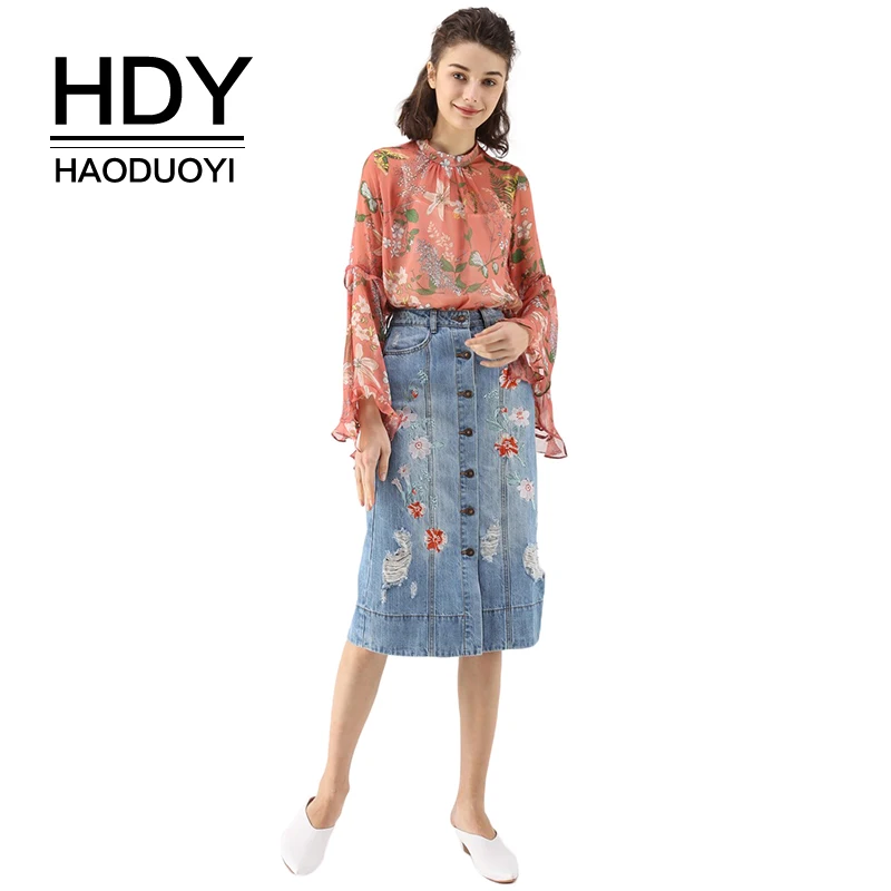

HDY Haoduoyi Women Casual Floral Print Loose Chiffon Tops Blouse Sweet Long Flare Sleeve See Through Female Shirt On Beach