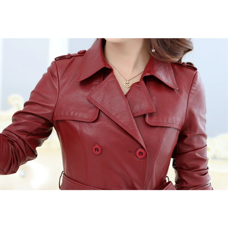2018 Autumn Winter Long Leather jacket women Plus Size Double Breasted Spring Female coat PU Faux Leather Women Outwear M-4XL
