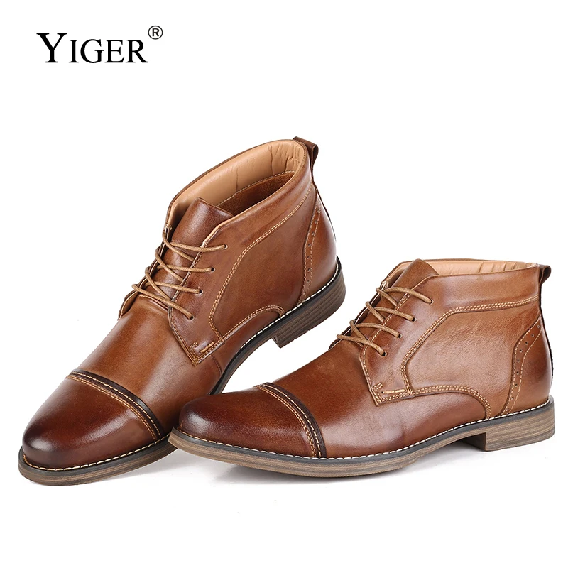 YIGER New Men Ankle Boots Genuine Leather Man Martins Boots Male Lace-up Winter Casual shoes Big size High-top men's shoes 0251