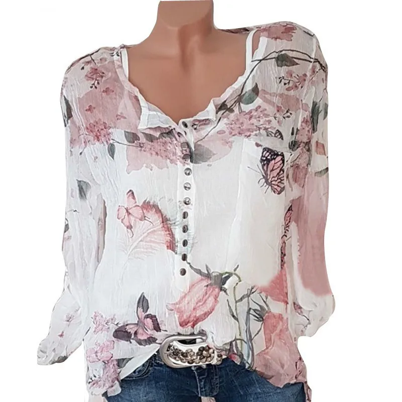 Blouse Women Summer Chiffon wrinkle translucent V-neck Shirt Sleeves Print Blusas Plus Size Womens Tops And Blouses 3xl 4xl 5xl