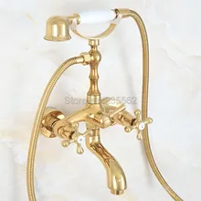 Luxury Gold Color Brass Bath Shower Faucet Set Dual Handle Wall Mounted Clawfoot Bath Tub Faucet Shower Mixer Tap lna801