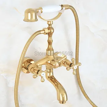 

Luxury Gold Color Brass Bath Shower Faucet Set Dual Handle Wall Mounted Clawfoot Bath Tub Faucet Shower Mixer Tap lna801