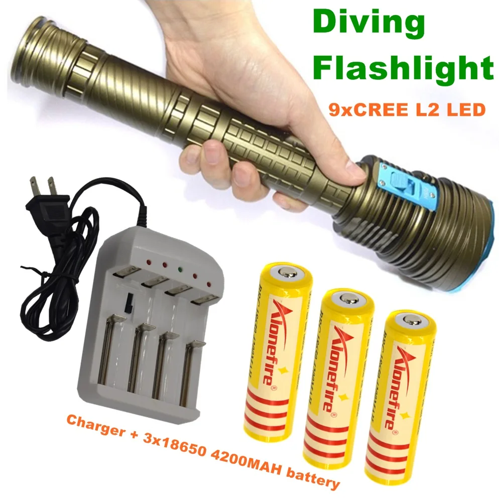 

21000 LM Underwater diving flashlight CREE L2 Waterproof 9L2 Dive Torch for diving + 3*18650 Rechargeable batteries +Charger DX9