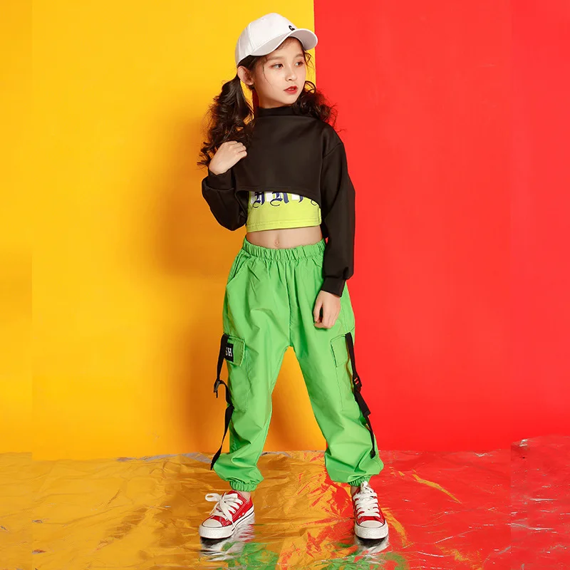 Детская одежда в стиле хип-хоп, Толстовка Топ, укороченные повседневные штаны для бега для девочек, Детский костюм для джаза, одежда для бальных танцев