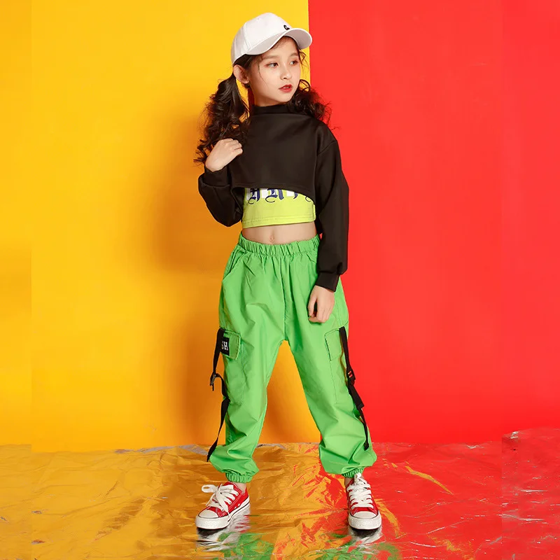 Kid Kpop Hip Hop Clothing Sweatshirt Crop Top Long Sleeve Tank Vest Streetwear Jogger Pants for Girl Jazz Dance Costume Clothes