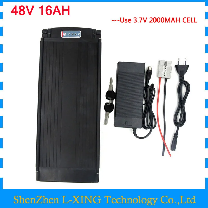 

48V 16AH electric bicycle battery 48V Rear Rack battery 750W bike lithium ion battery with Tail light 20A BMS 54.6v 2A charger