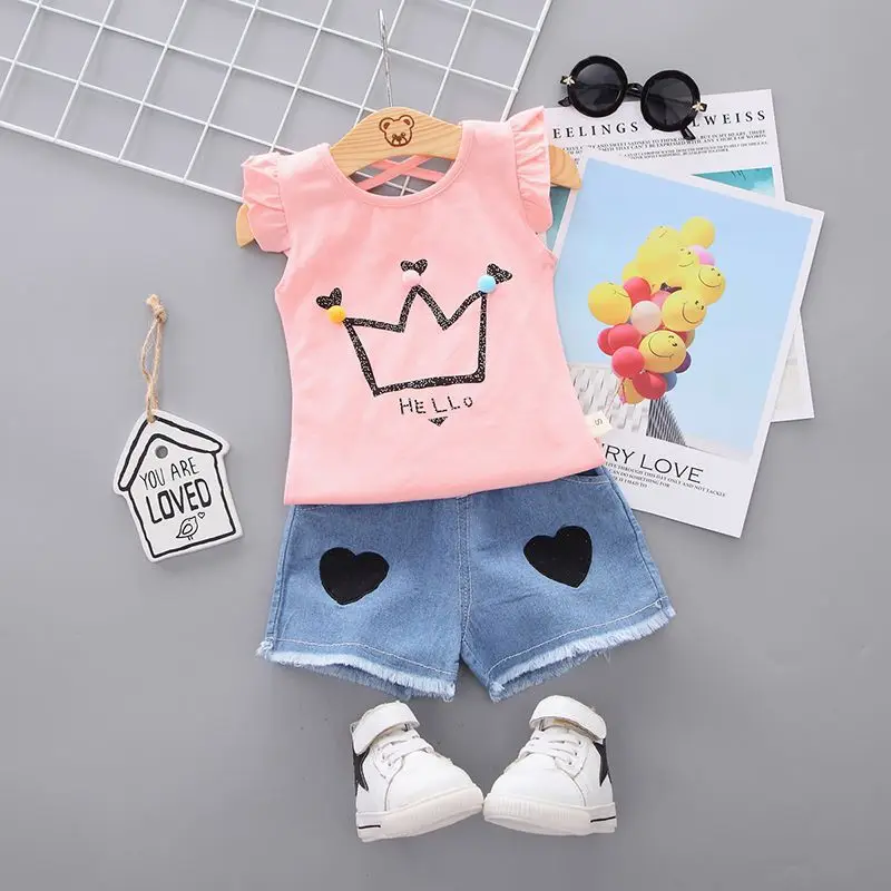 

Summer Children Girls Clothes Casual Crown Pattern Sleeveless Tops Vest+Shorts Suits Kid Clothes Set 2019
