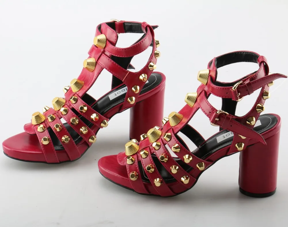 Dipsloot 2018 Chaussures Sexy Boucle Rome rouge Style Chunky Toe Métal Peep Sangle Robe Talons Noir Partie D'été Sandales Femme Embelli qTTgxrd