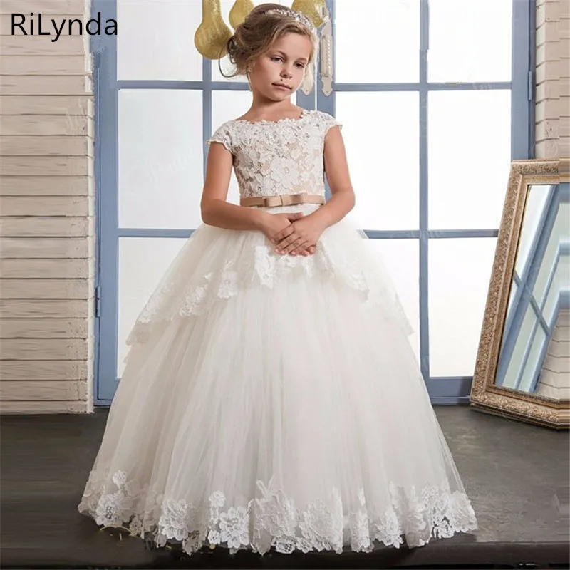 

New First Communion Dresses for Girls Champagne O-neck Sleeveless Lace Appliques Flower Girl Dresses for WeddingsLX