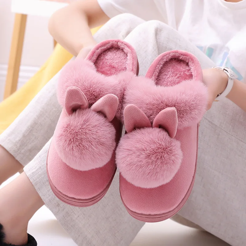 US $7.45 Cartoon Women Home Slippers Rabbit Ears Slip On Soft Soled Winter Warm House Shoes Ladies Girls Indoor Outdoor Fur Footwear