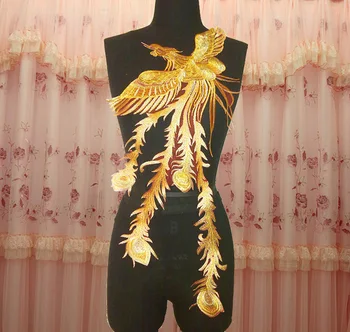 

33*70cm Super gorgeous Lace embroidery patches Golden sequins red Eugen yarn Phoenix patch for DIY dress Wedding dress