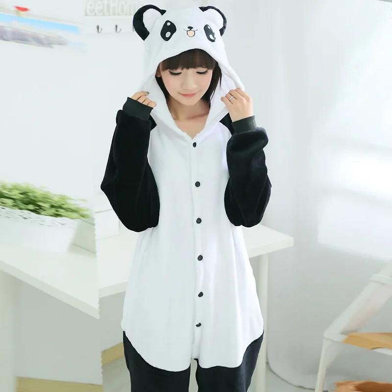 Women Kigurumi Panda Homewear Onesies For Adults Flannel Warm Long Sleeve Hooded panda pajama Cute Animal Lovely Panda Onsie