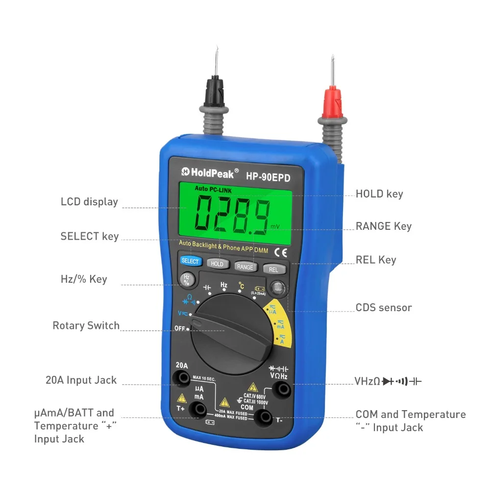 Мобильное приложение HoldPeak HP-90EPD Авто Диапазон мультиметр true rms AC DC Напряжение Ток Сопротивление Частота задний светильник