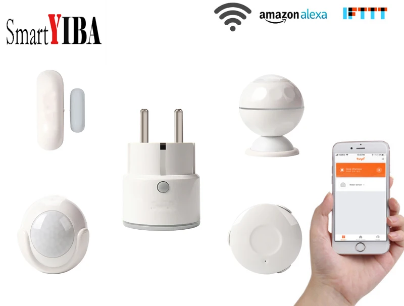 

SmartYIBA APP Control Window Door Alarm/EU Plug Smart Socket/Water Leakage Flood Sensor/PIR Motion Detector For Home Security