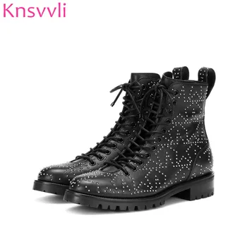 

Knsvvli Rivets Motorcycle Short Boots Woman 2019 Autumn New Genuine Leather Lace Up Flat Shoes Ladies Retro Studded Ankle Boots