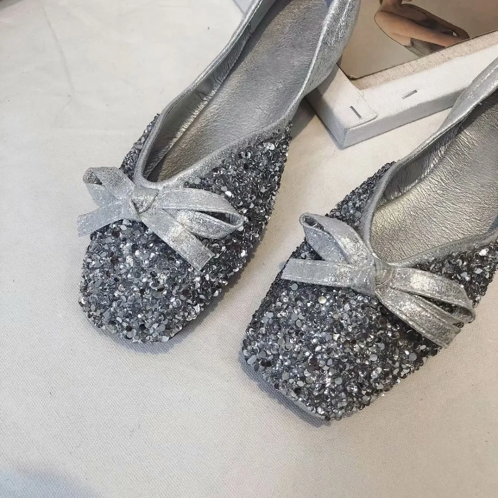 Argent Automne 2018 Carré Kjstyrka Ballerines Printemps Bout Slip Bling Plates on Chaussures De Soirée Femmes Robe Cristal xt4zYX4