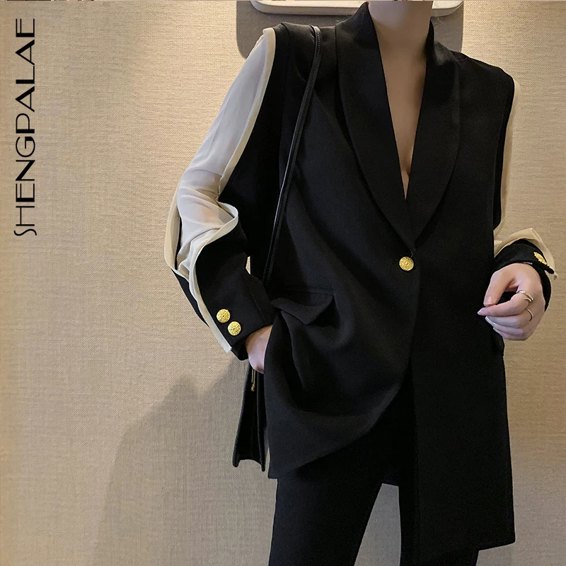 

SHENGPALAE 2019 New Winter Summer Lapel Long Sleeve Hit Color Split Joint Loose Temperament Jacket Women Coat Fashion Tide JU298