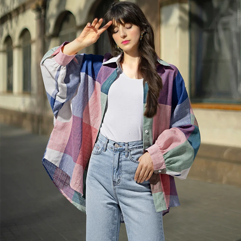

2019 spring summer fashion color plaid shirt batwing long sleeve cape office kimono loose blouse korean fashion Oversized tops
