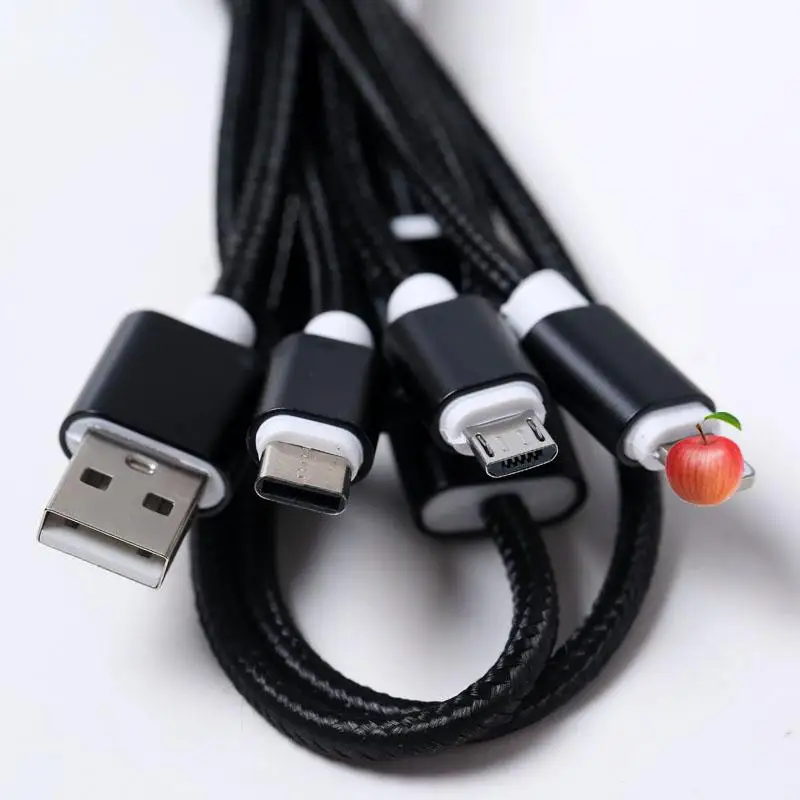 3 в 1 зарядный кабель Micro Usb кабель мобильного телефона три в одном из алюминиевого сплава нейлоновый тканый зарядный кабель для Iphone type C 1,2 m - Цвет: Черный