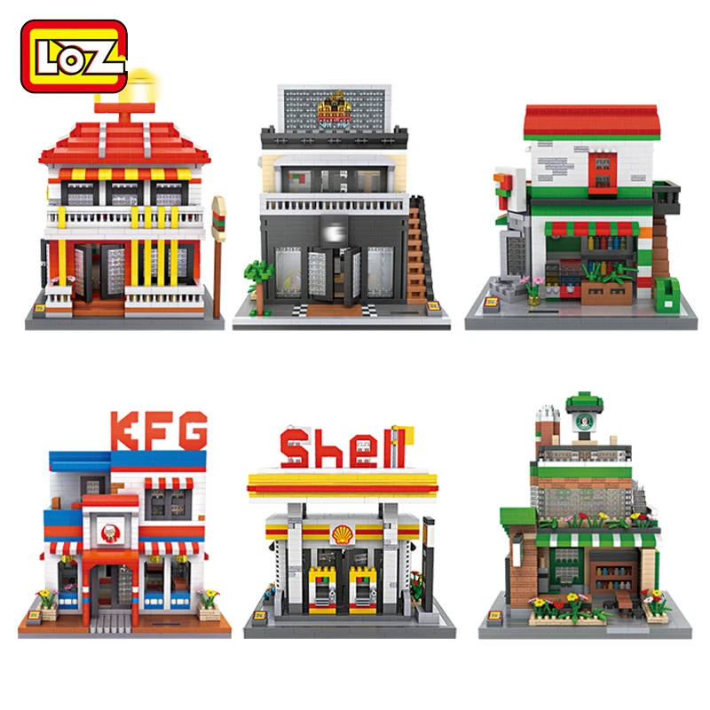 

Mini Qute LOZ Shell gas Station coffee phone restaurant sweet shop diamond plastic building block scale model educational toy