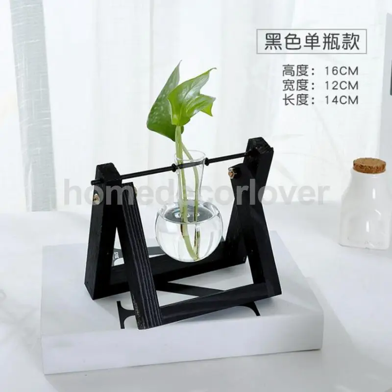Tabletop Wood Stand Glass Flower Vase Plant Planter Hydroponic Container Home Decor