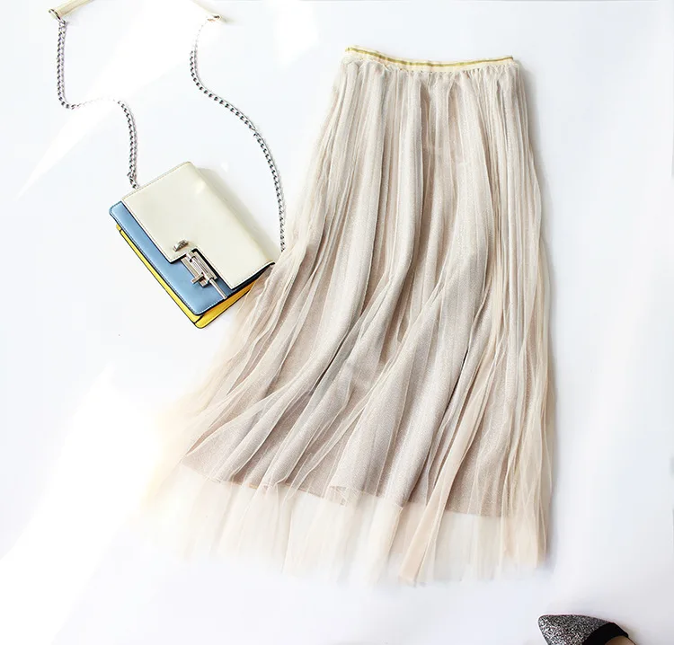 Многослойная сетчатая Весенняя летняя длинная юбка женская одежда с вытачками, с высокой посадкой золото шелк элегантная плиссированная макси юбка тюль