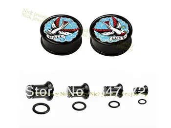 

Free shipping 60pcs UV acrylic single flare ear plug flesh tunnel ear gauge with rubber ring swallow love and hate plug NSFP-027