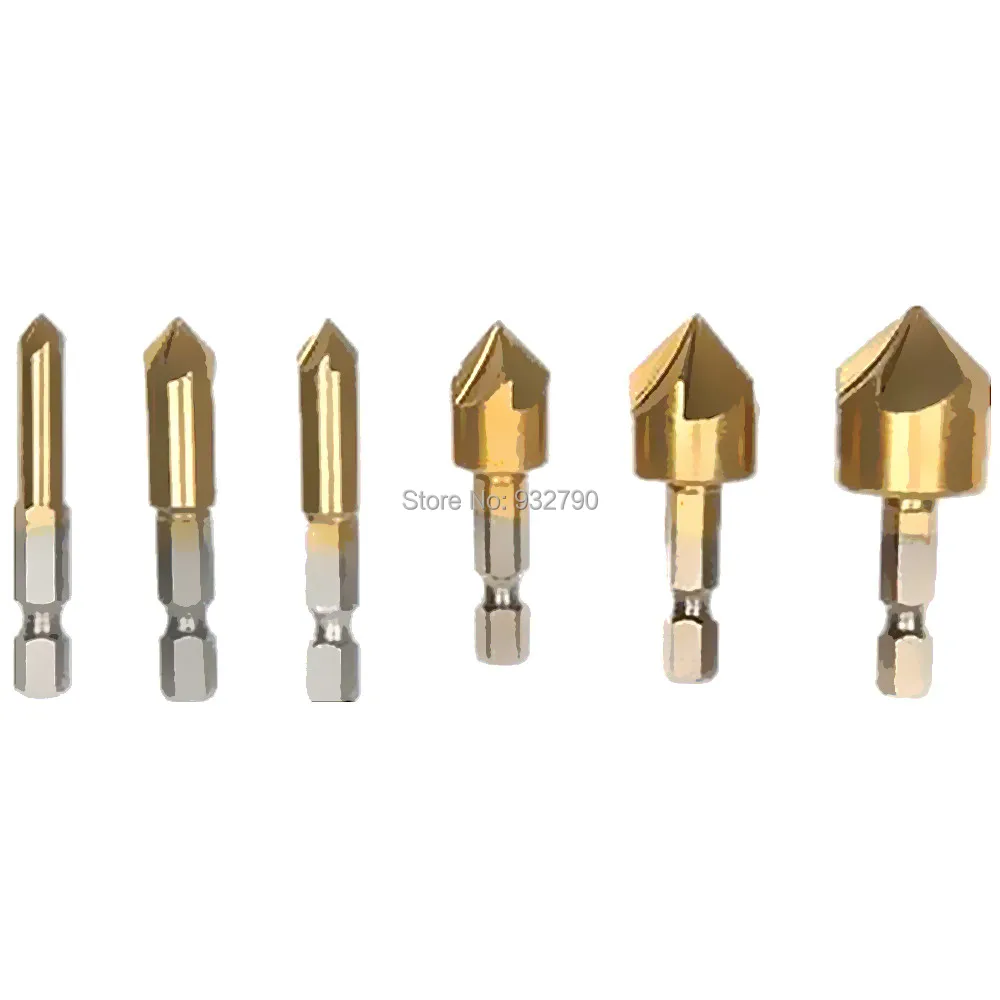 6pcs 90 Degree Counter Sink Bits Wood Cut Drilling Drill Bit 5 Flute