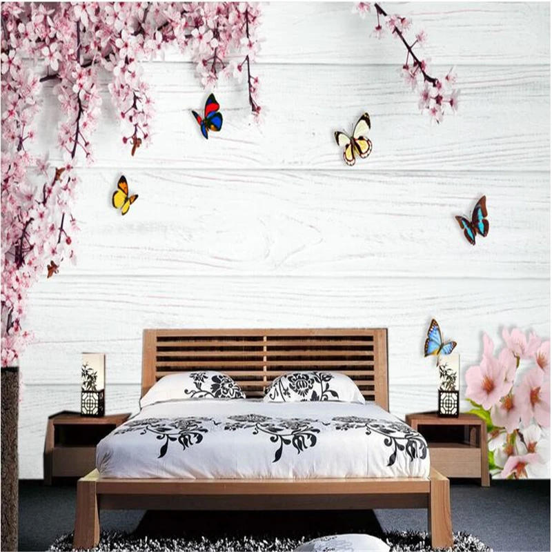 Custom photo wallpaper mural wall stickers romantic cherry butterfly wood board 3d background wall painting papel de parede