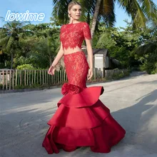 Zwei Stücke Meerjungfrau Spitze und Satin Prom Kleider 2017 Tarik Ediz Sexy Abendkleider mit Kurzen Ärmeln Vestido De Festa Pageant