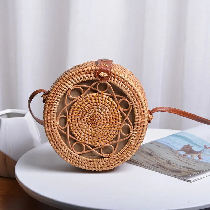 20cm Big Size Handmade Circle Chinese Bowknot Women Rattan Bags Spiral Style Hollow Out Flowers Female Shoulder Bags B380