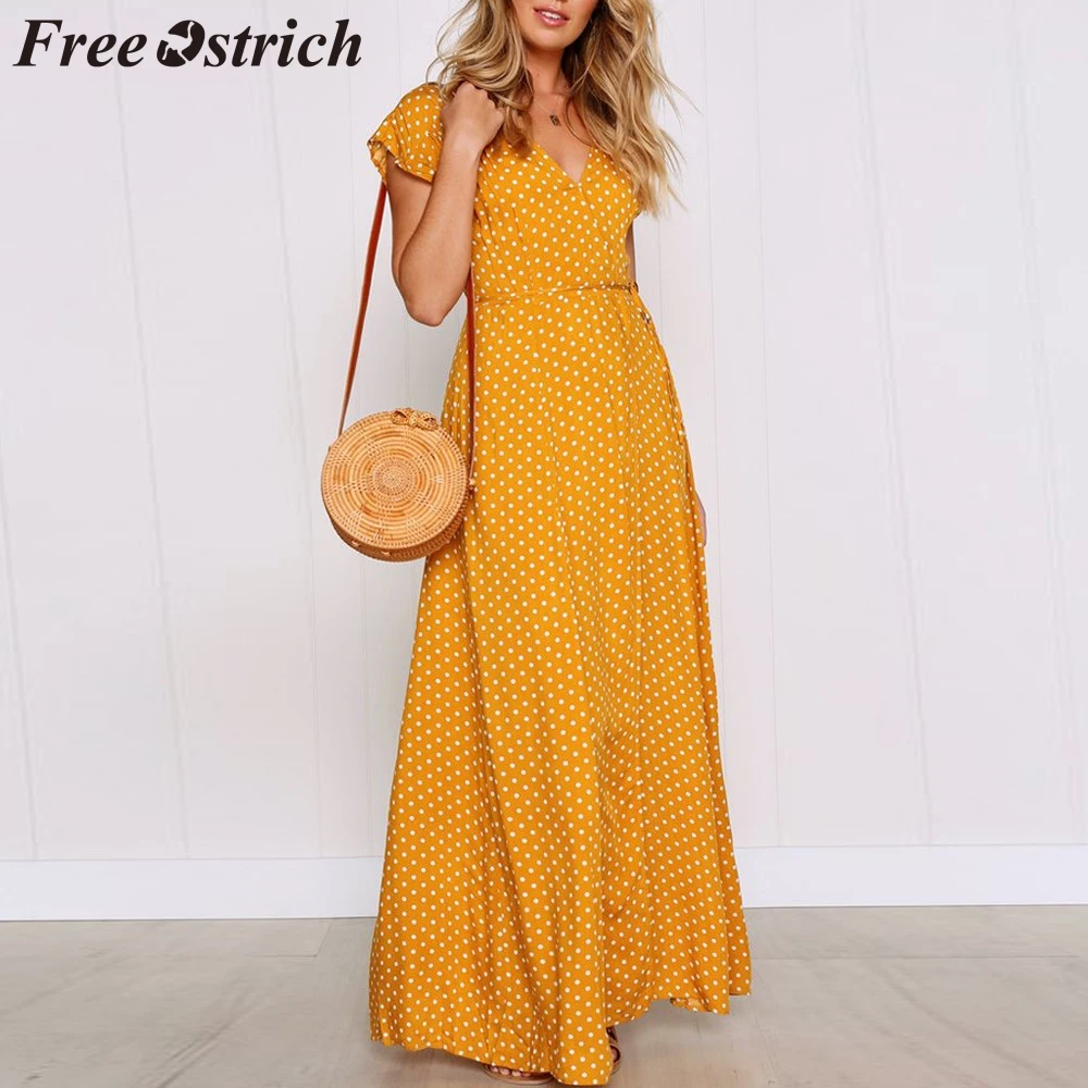 Женское длинное платье в горошек Boho летнее пляжное макси во французском стиле
