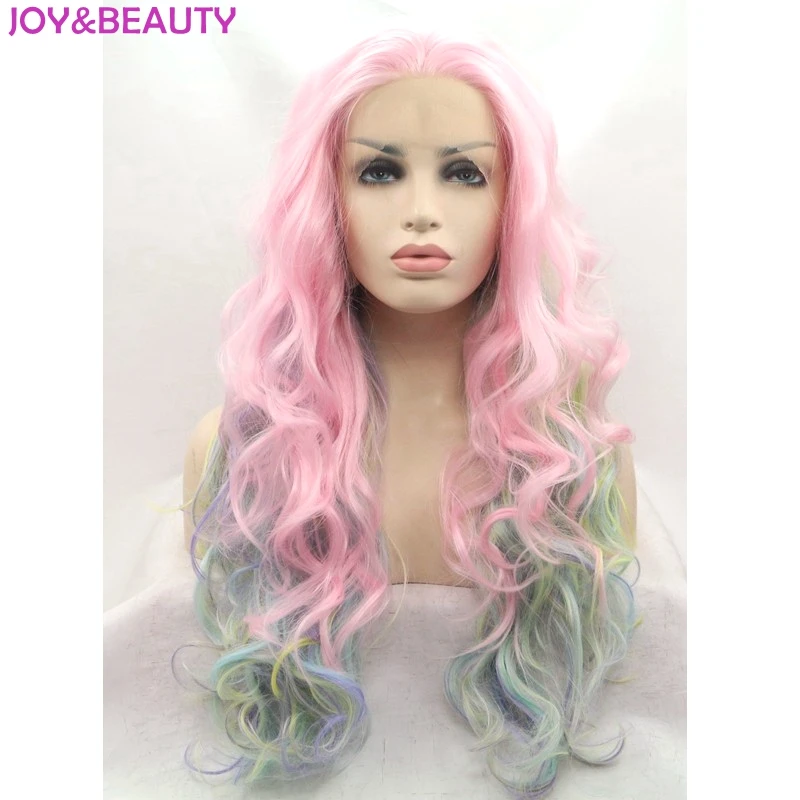Радость и красоты Синтетические волосы длинные волнистые парик Синтетические волосы на кружеве парик жаропрочных Волокно розовый