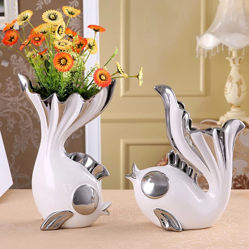 

2Piece/set Creative Fish Shape Design Flower Vase Home Decorative Ceramic Vase Furnishing for Dining Living Room Craft Ornament