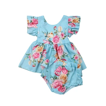 

Newborn Toddler Baby Girls Clothes Set Summer Sleeveless Blue Blackless Floral Blouse Shorts Costume Clothing Outfit 2PCS