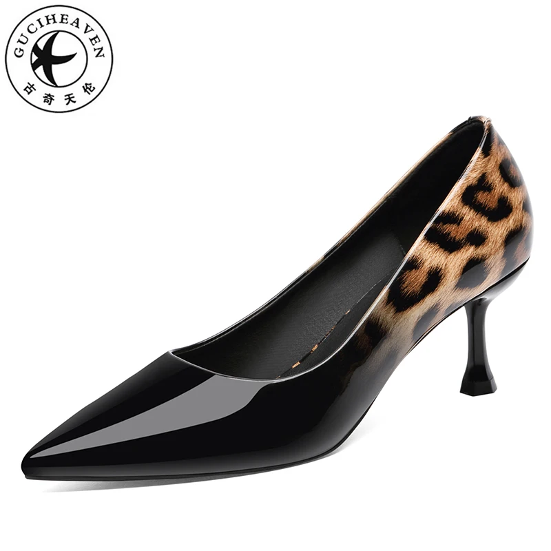 

New Arrival Sexy Black Leopard Print PU Pointed Toe Heels Heel 6.5cm Women White Leopard Print Shoes Lady Party Office Shoes