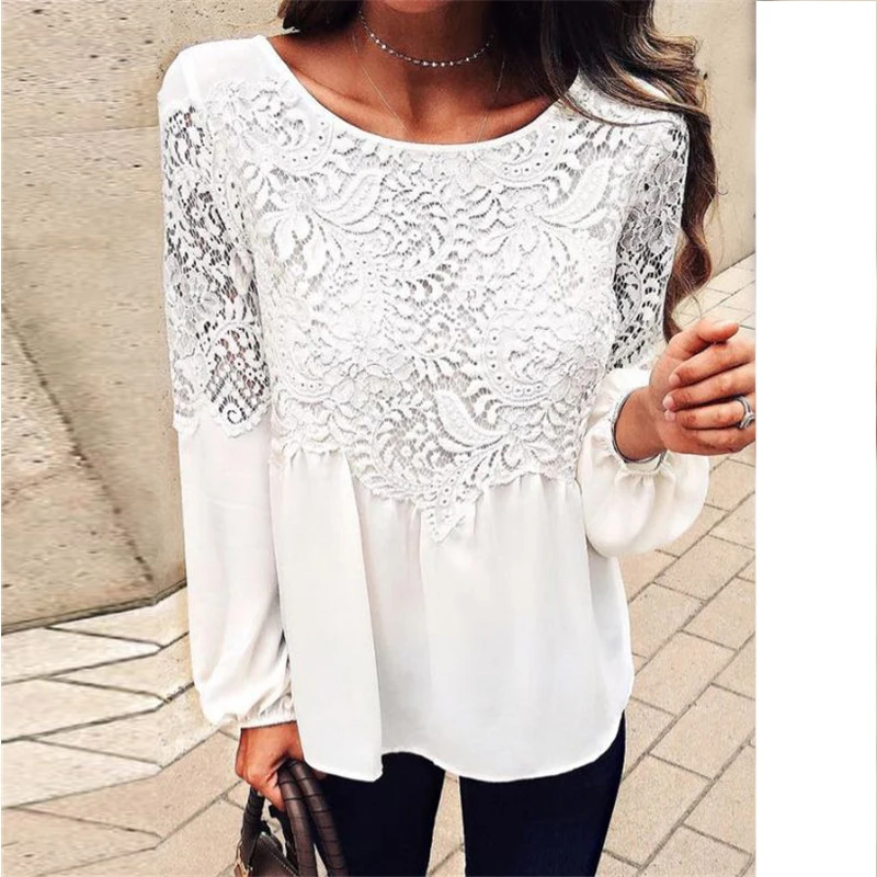 

Fashion Women Summer Loose Casual Chiffon Long Sleeve Lace T Shirt