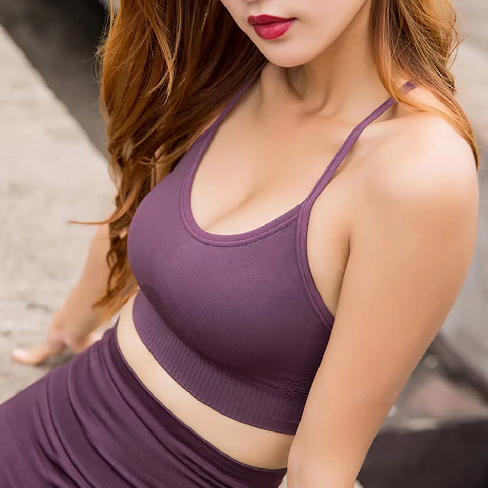 Women's energy seamless sports bra strappy padded yoga bra hollow out adjustable gym bra push up fitness top cross crop top