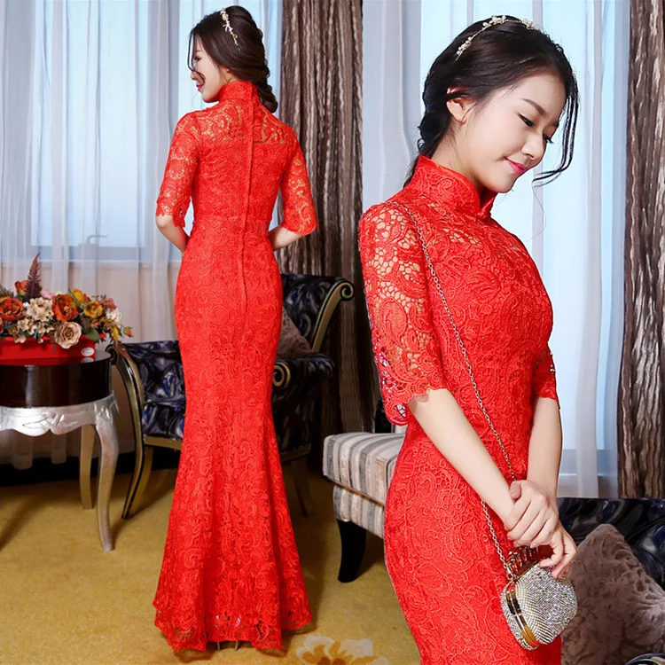 Qipao красный Кружево Cheongsam Для женщин китайское традиционное платье женский свадебное платье Vestido Oriental Qipao Вечеринка платье 89