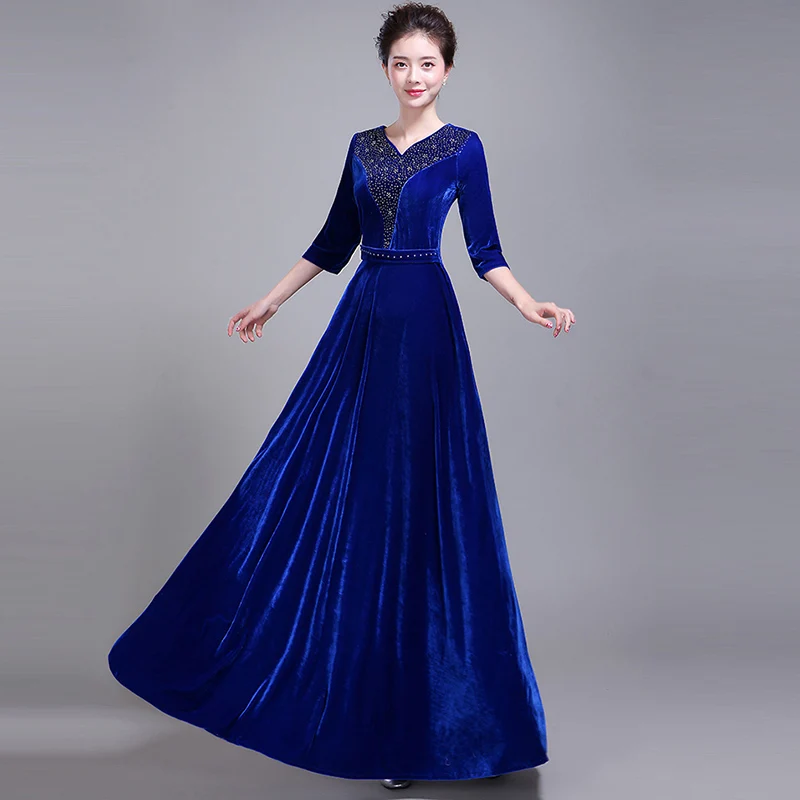 

spring autumn 2018 large size women's gold velvet half-sleeved long dress put on a large waist banquet With diamond dress QH1286