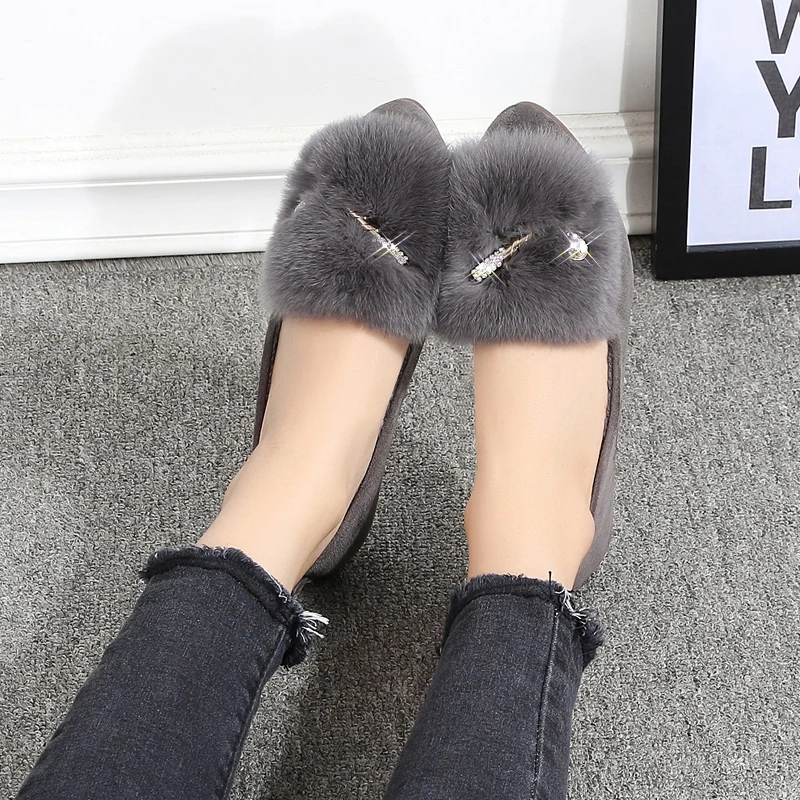 

Woman Shoes big size 35-43 Loafer Sequined Furry Lady Fashion Rhinestone warm Autumn winter Women's Shoes with rabbit fur
