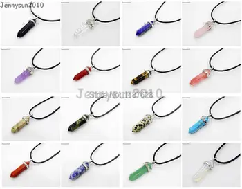 

Mixed Natural Gems Stones Hexagonal Pointed Healing Reiki Chakra Pendant with Black Leather Cord Necklace 18'' Inch 5 Sets/pack