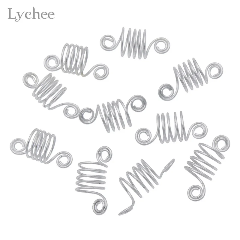 Lychee, 10 шт./лот, металлическая спиральная оплетка для волос, дредлок, бусина, запонки, кольца, трубка для волос, инструмент для укладки волос - Окраска металла: Silver Color